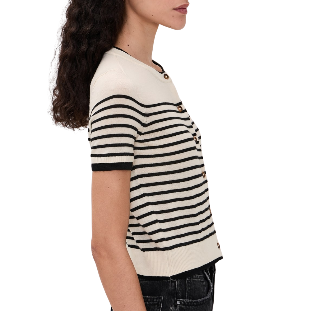 Anne Short Sleeve Stripe Cardigan in Ivory