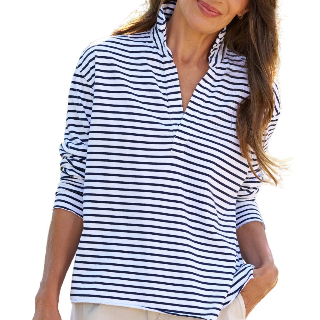 Patrick Popover Henley in White Navy Stripe