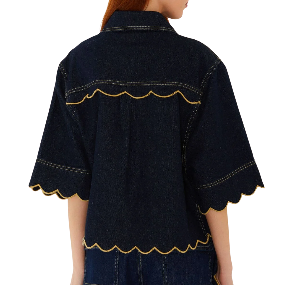 Wavy Hem Short Sleeve Shirt in Dark Denim