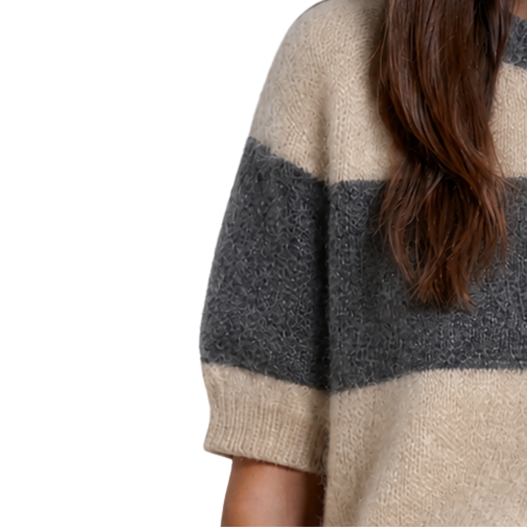 Rugby Striped Cropped S/S Crew in Pewter/Parchment