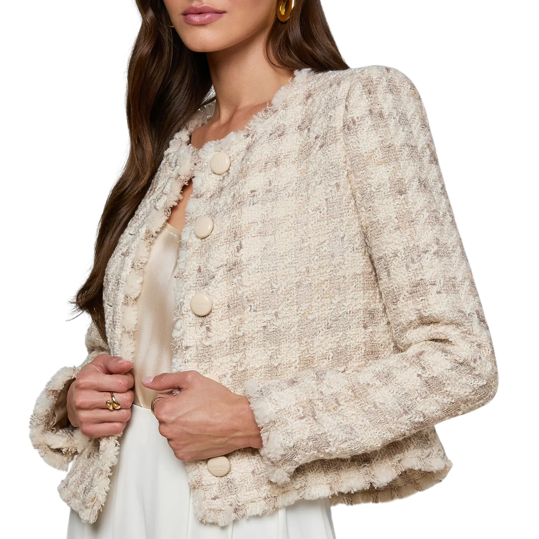 L'agence Zell Collarless Jacket in Taupe/Grey Houndstooth