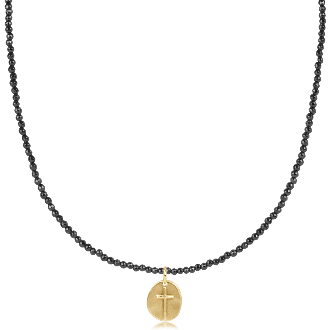 15" Choker Faceted Hematite 2mm Inspire Small Gold Charm