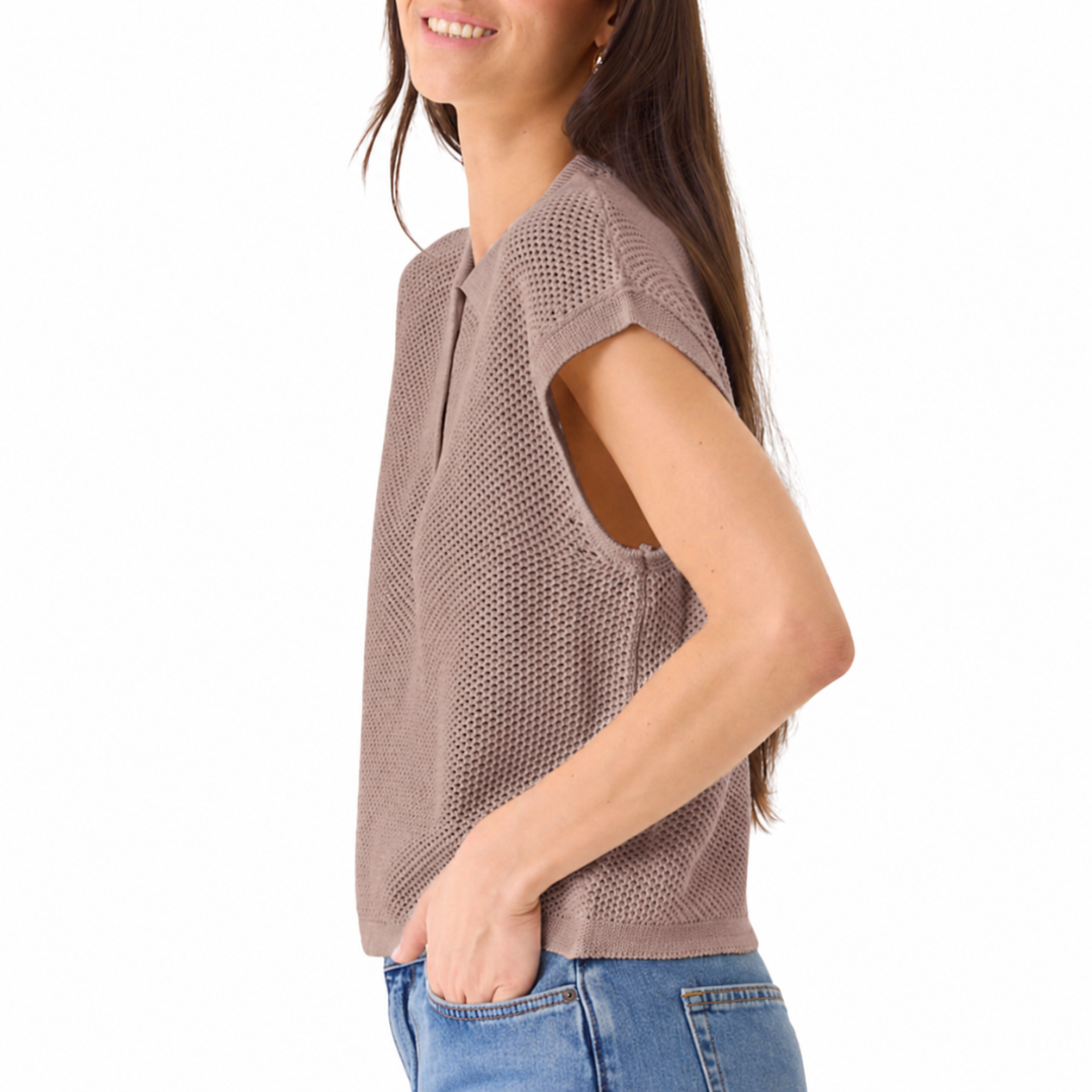 Organic Cotton Knit Cap Sleeve Polo in Coffee Latte