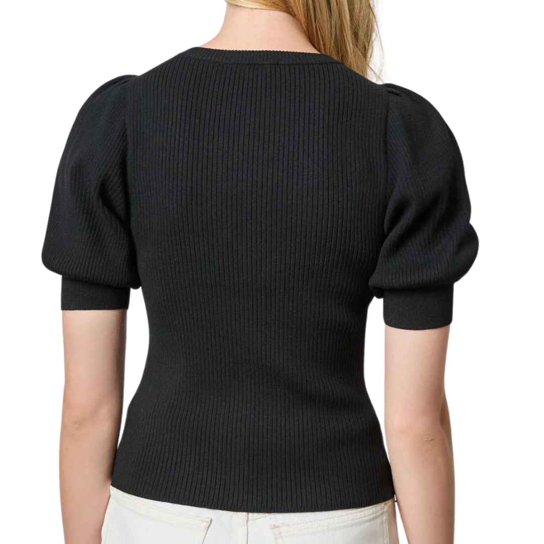 Elbow Sleeve Henley Sweater in Black