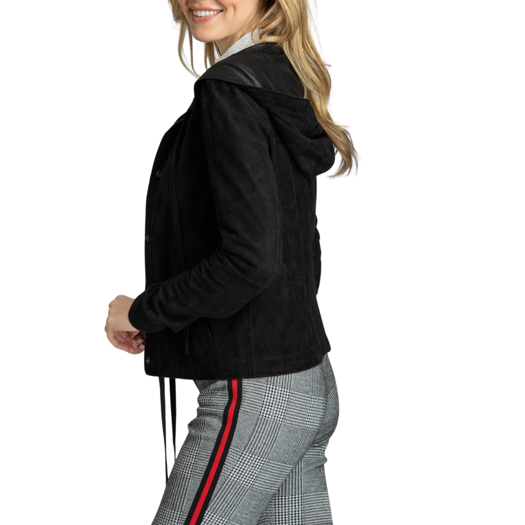 Double Faced Snap Front Hooded Jacket in Black