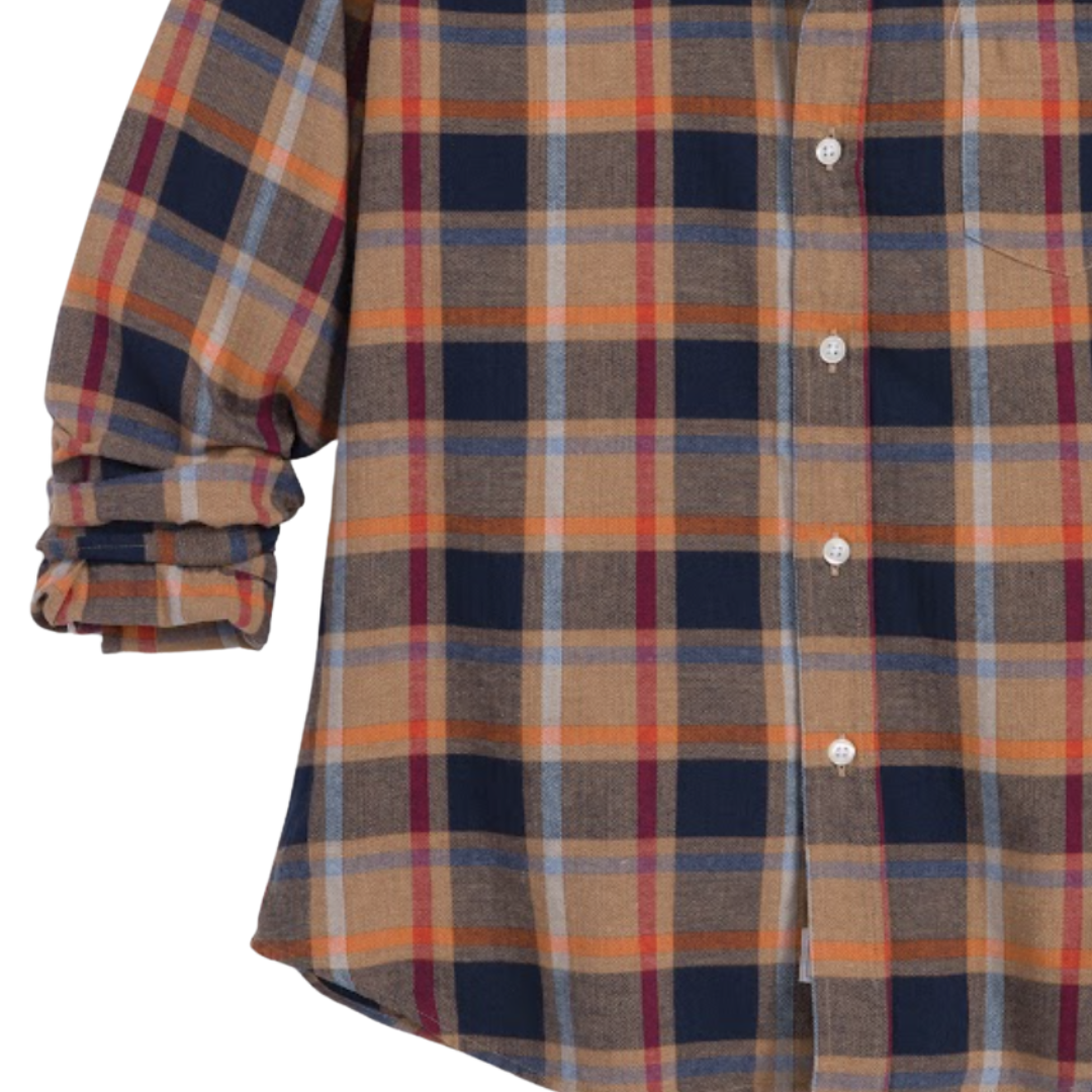 Barry Tailored Button-Up Shirt in Gold and Navy with Orange Plaid Flannel