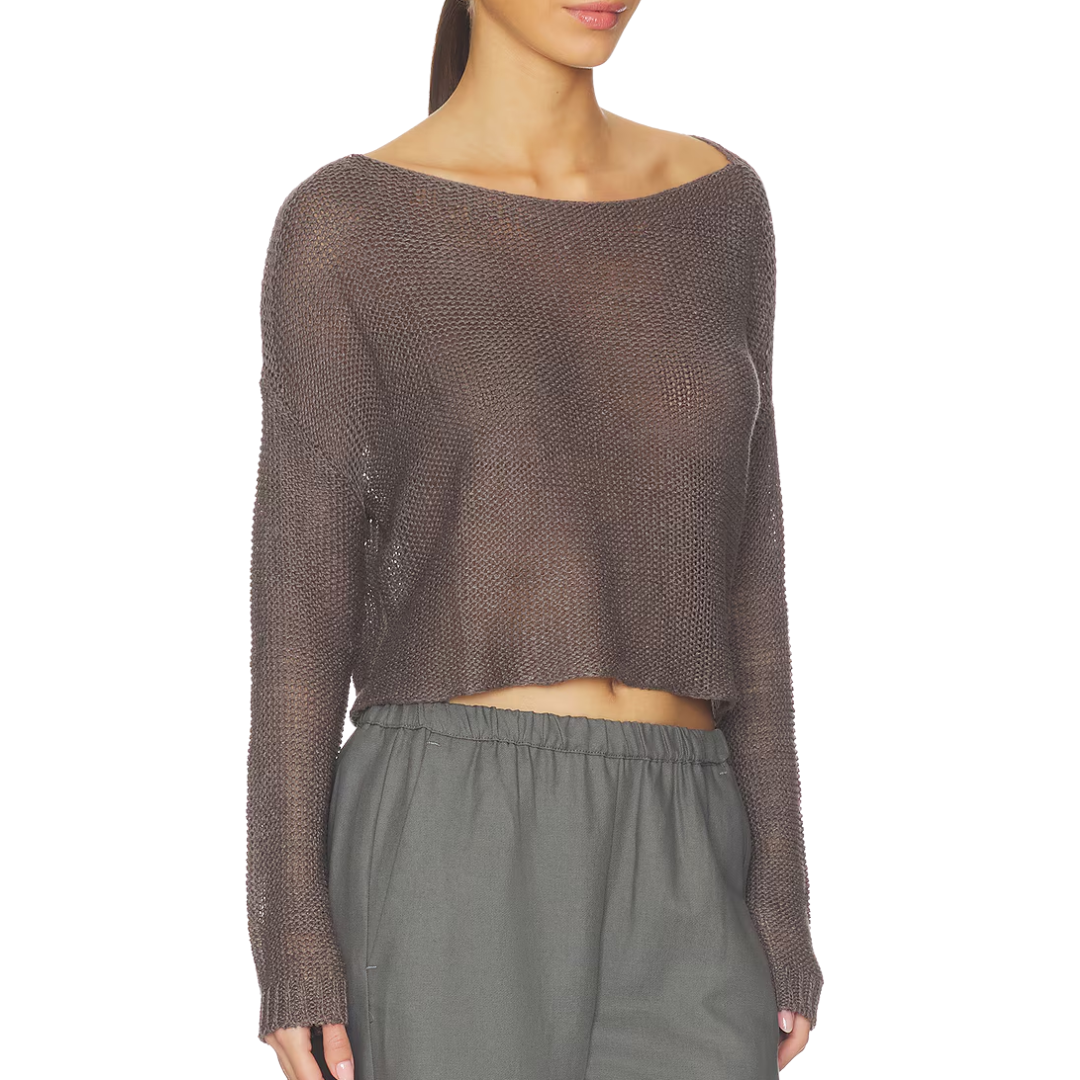 Linen Open Knit Bateau Sweater in Pebble