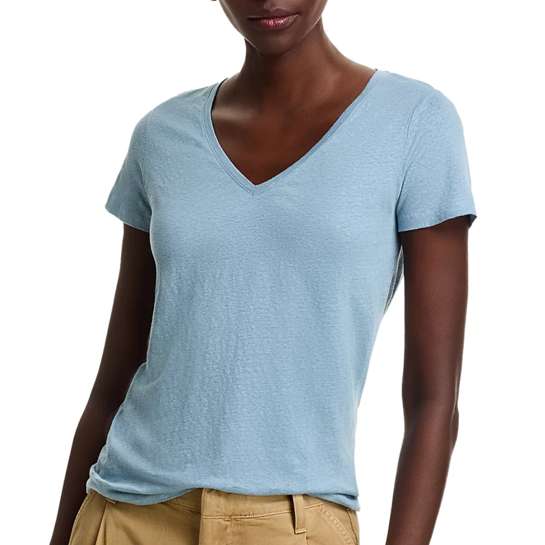Stretch Linen Short Sleeve Semi Relaxed V-Neck in Ocean