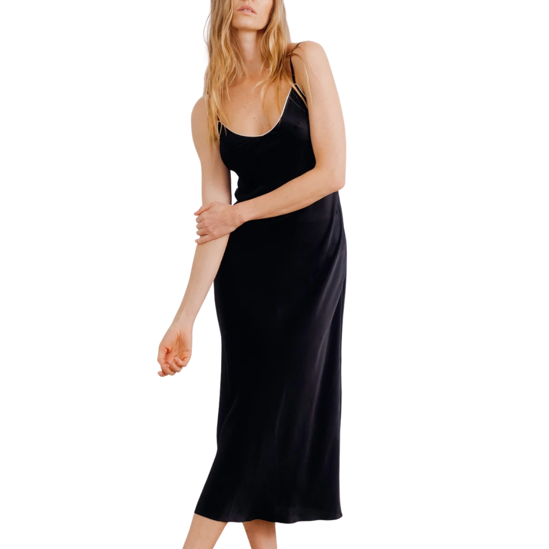Taylor Silk Dress W/ Contrast Piping in Black/Gardenia