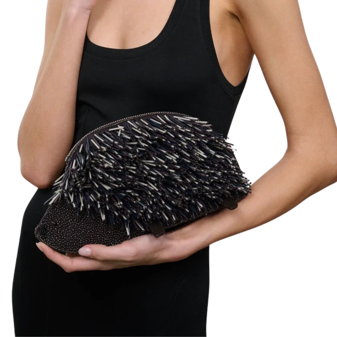 Porcupine Clutch in Black Beaded Multi