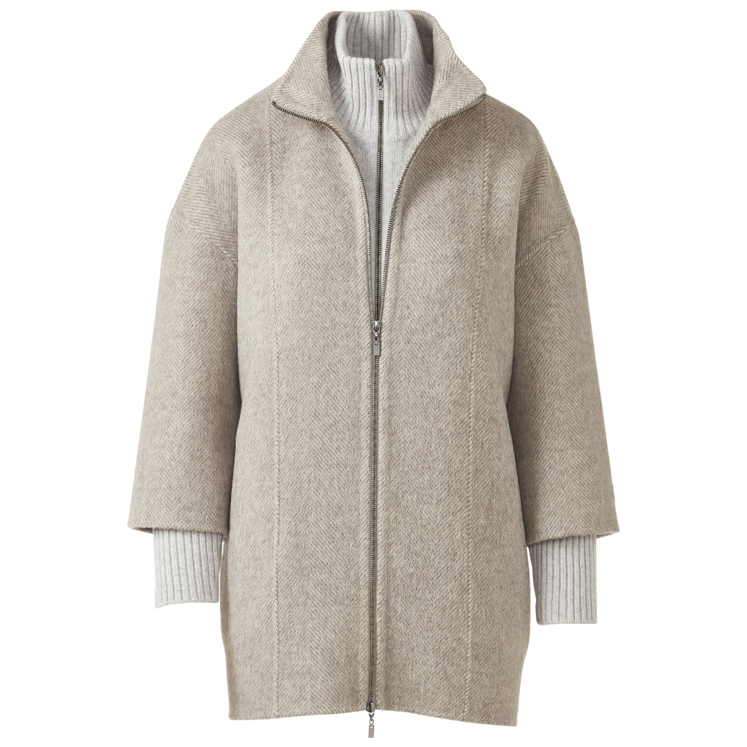 Brushed Herringbone Zip Mock Coat in Taupe Multi