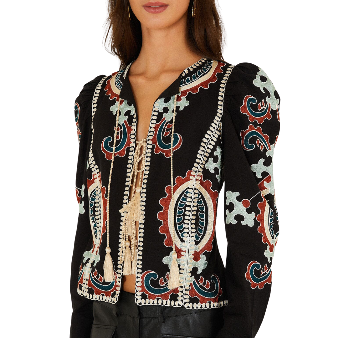 Fantasy Embroidered Long Sleeve Blouse in Black
