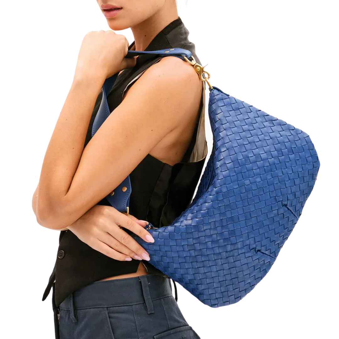 Moyen Messenger in Medium Woven Diagonal French Blue