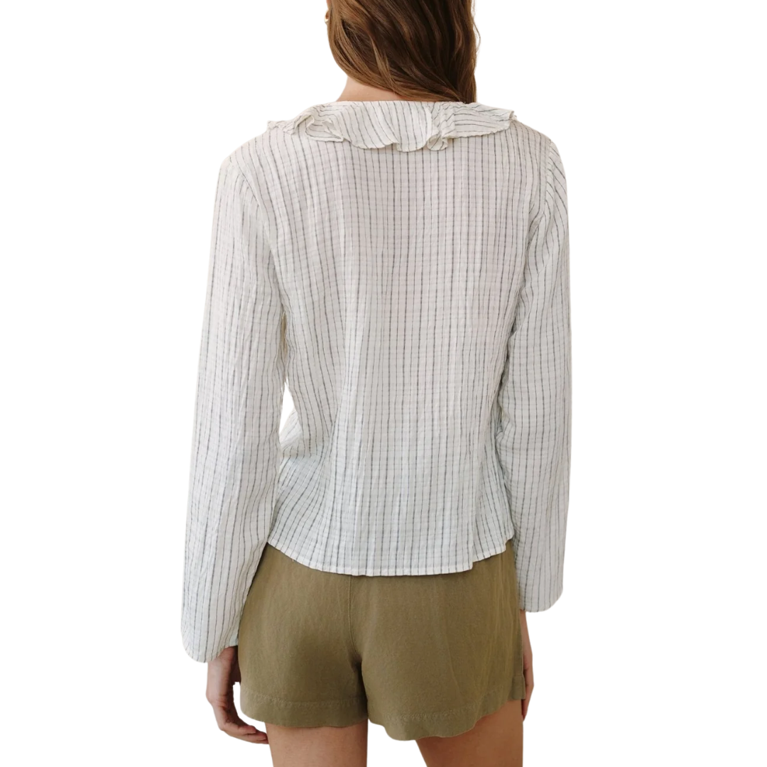 Tie Ruffle Neck Top in Ecru/Black Pinstripe