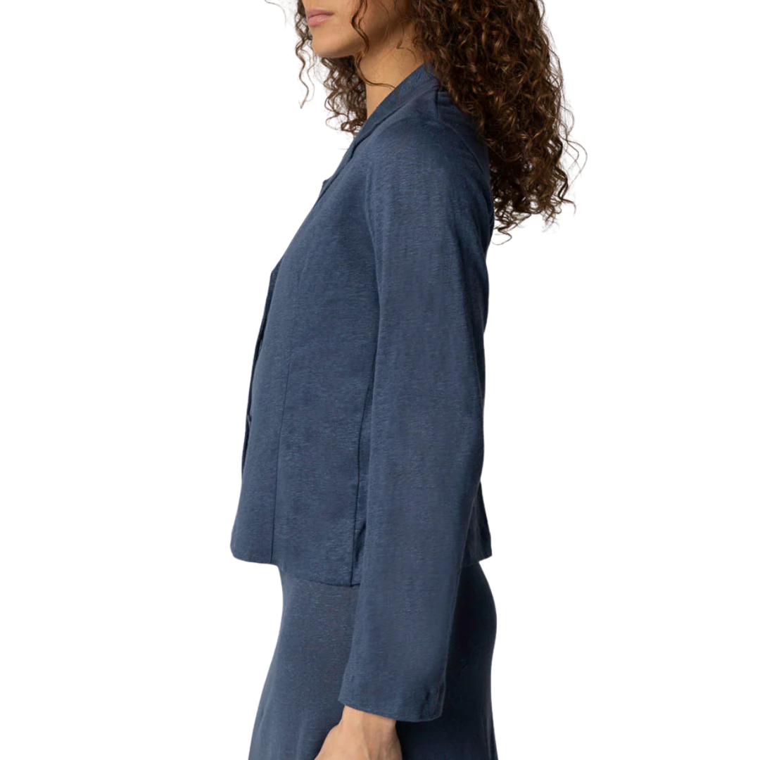 Stretch Linen Three Button Blazer in Bleu de Nimes