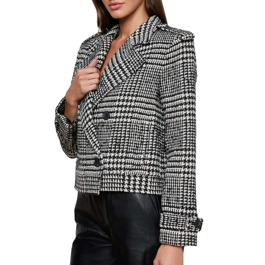 Xoey Cropped Trench Coat in Black/Ivory Glen Plaid