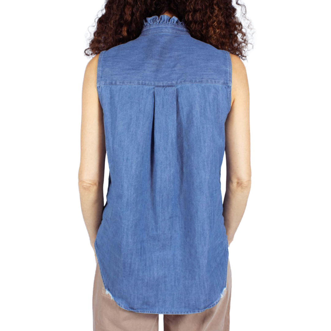 Sleeveless Ruffle Collar Button Up in Vintage Stonewashed Indigo