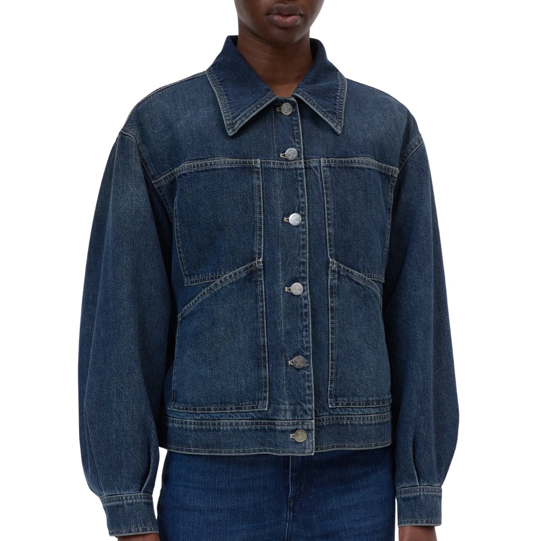 Denim Jacket Shearling Collar in Dark Blue