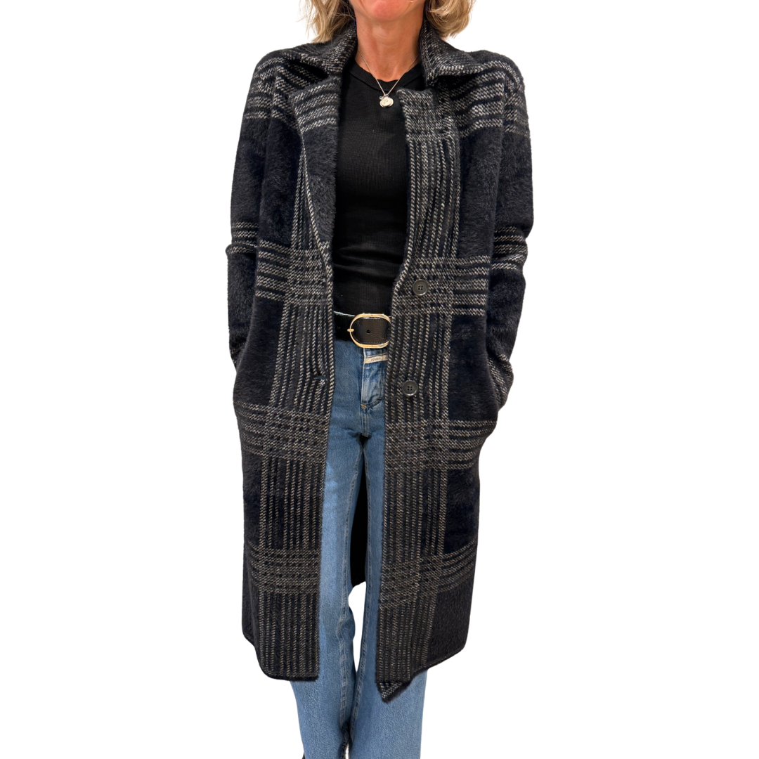 Lorie Single-Breasted Knit Coat in Black