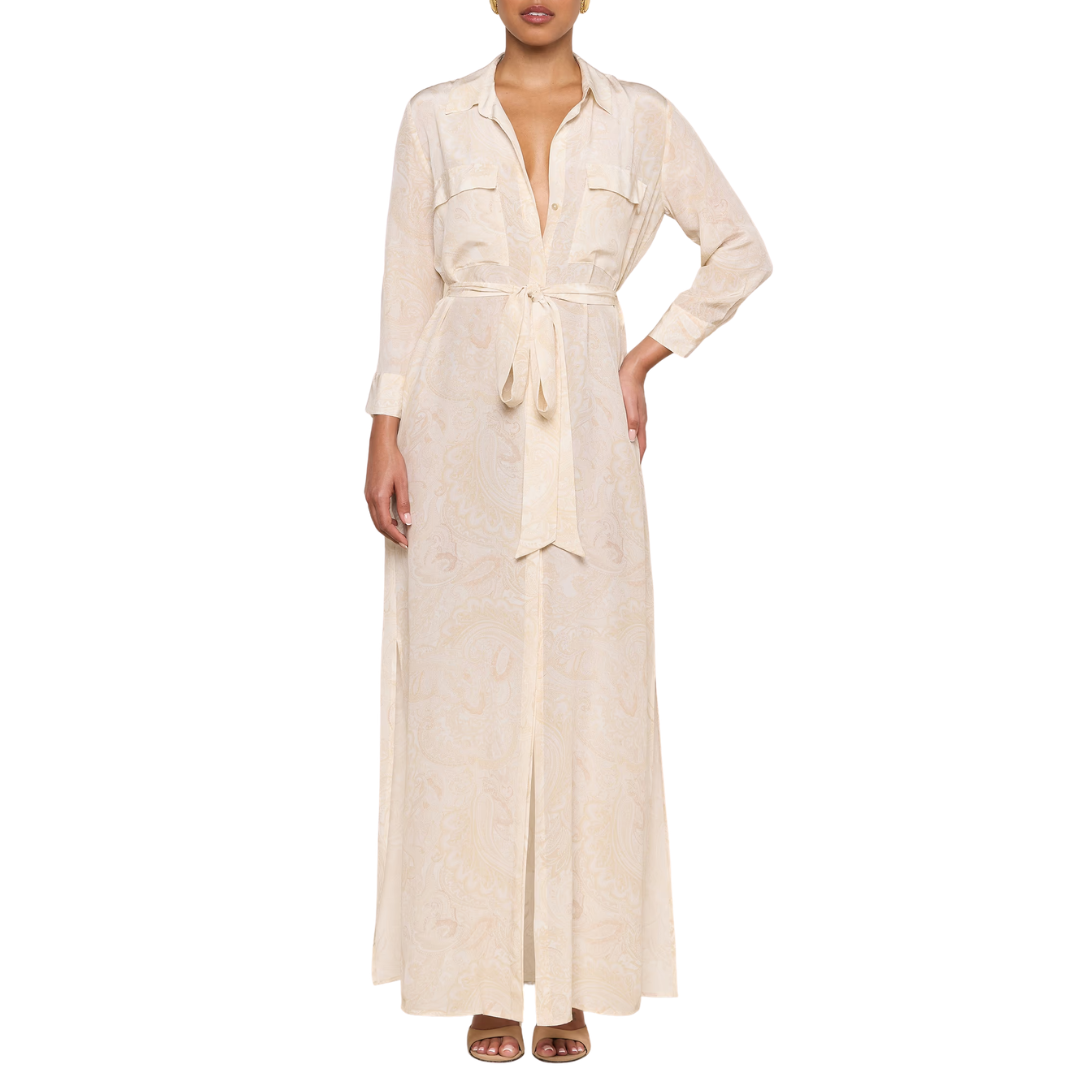 Cameron Silk Shirt Dress in Vintage White Tonal Paisley