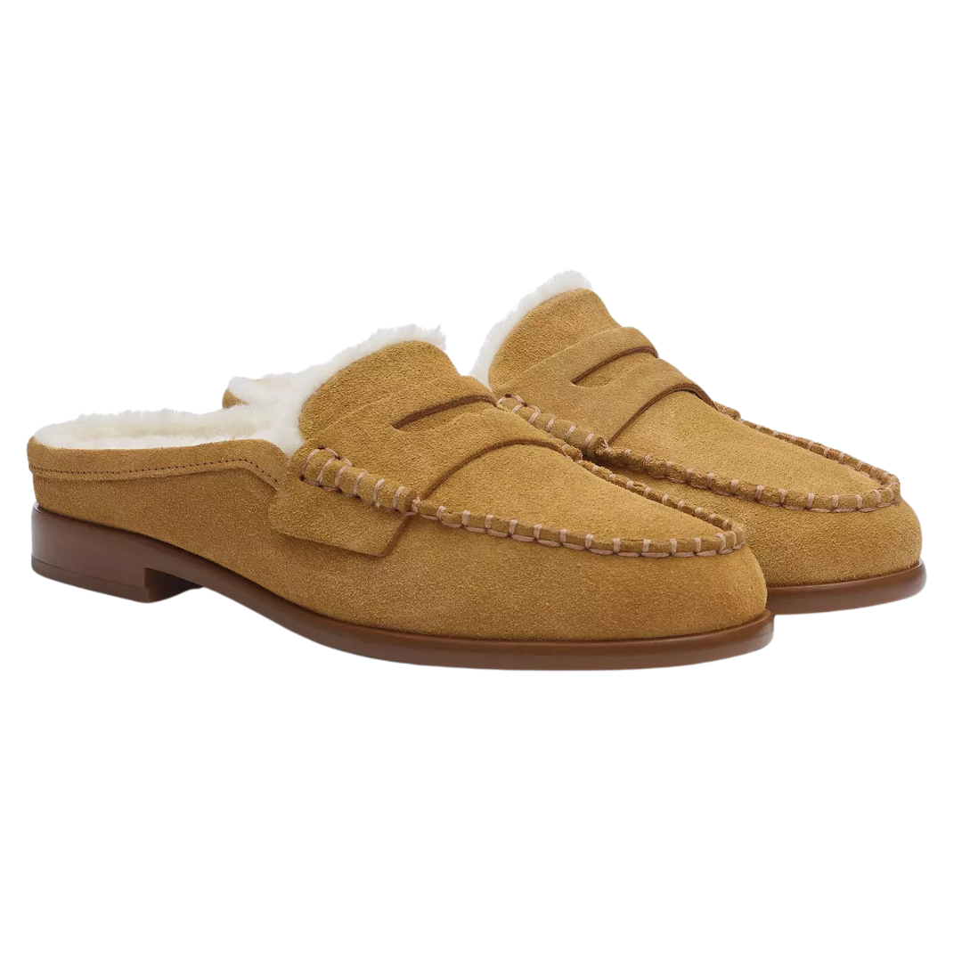 Carter Suede Shearling Mules in Caramel