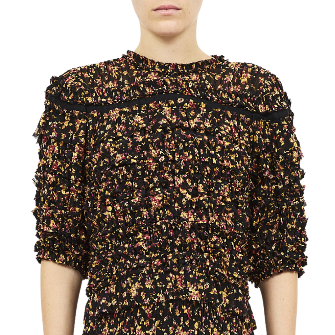 Mabel Short Sleeve Silk Top in Noir Mille-Fleur