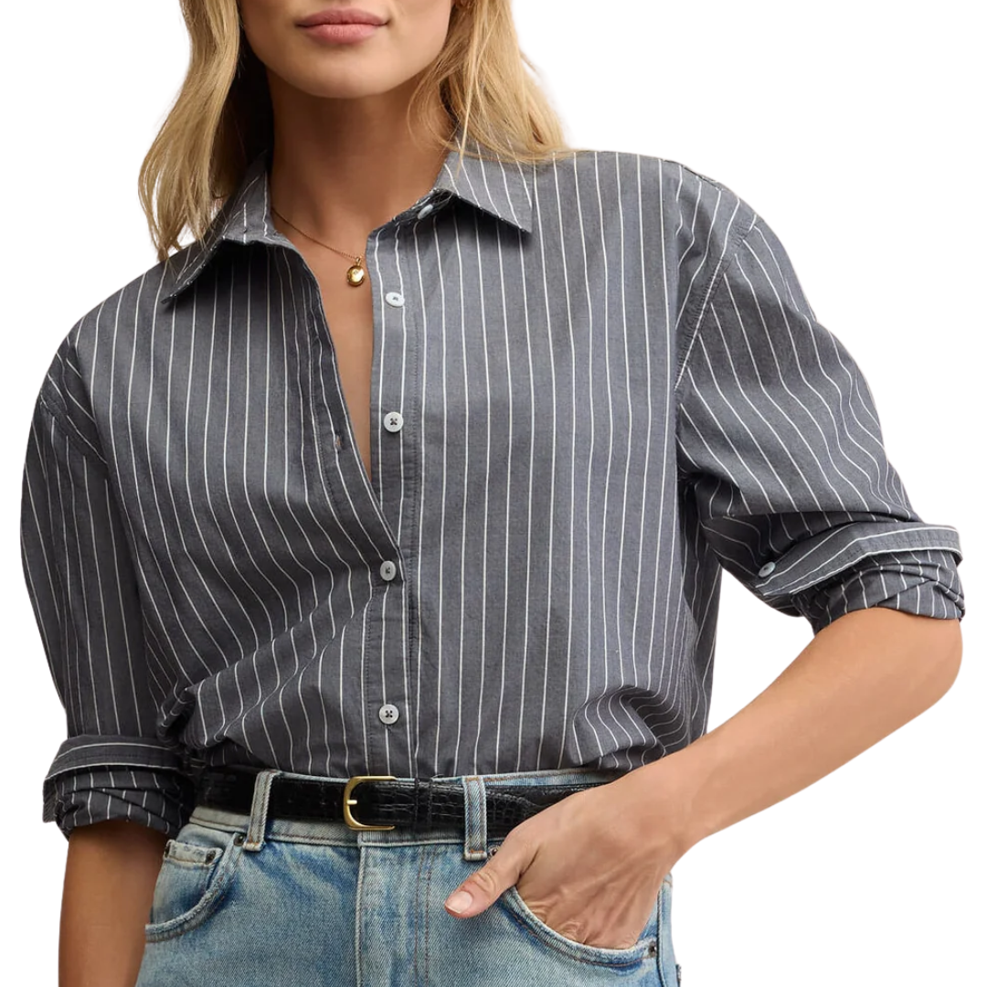 Seaport Striped Poplin Shirt in Washed Grey