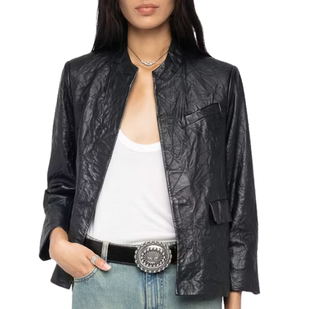 Veryn Crinkled Leather Blazer in Black