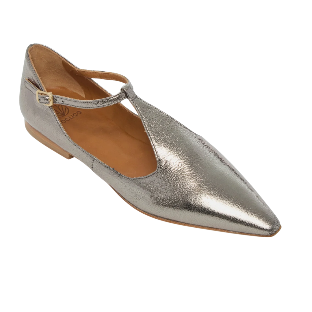 Celeste T-Strap Flat in Acero Crinkled Metallic Leather