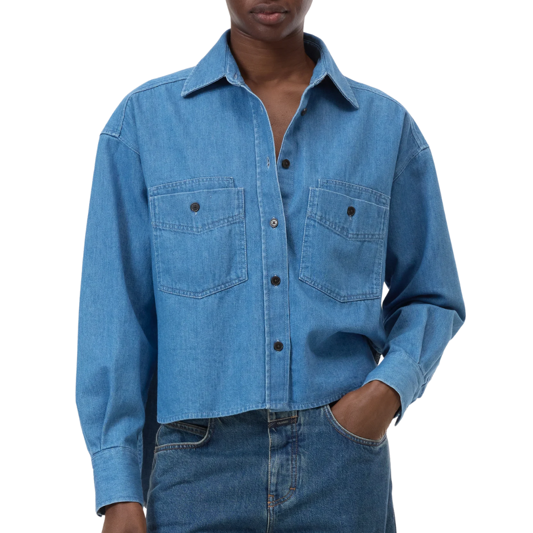 Cropped Denim Shirt in Mid Blue
