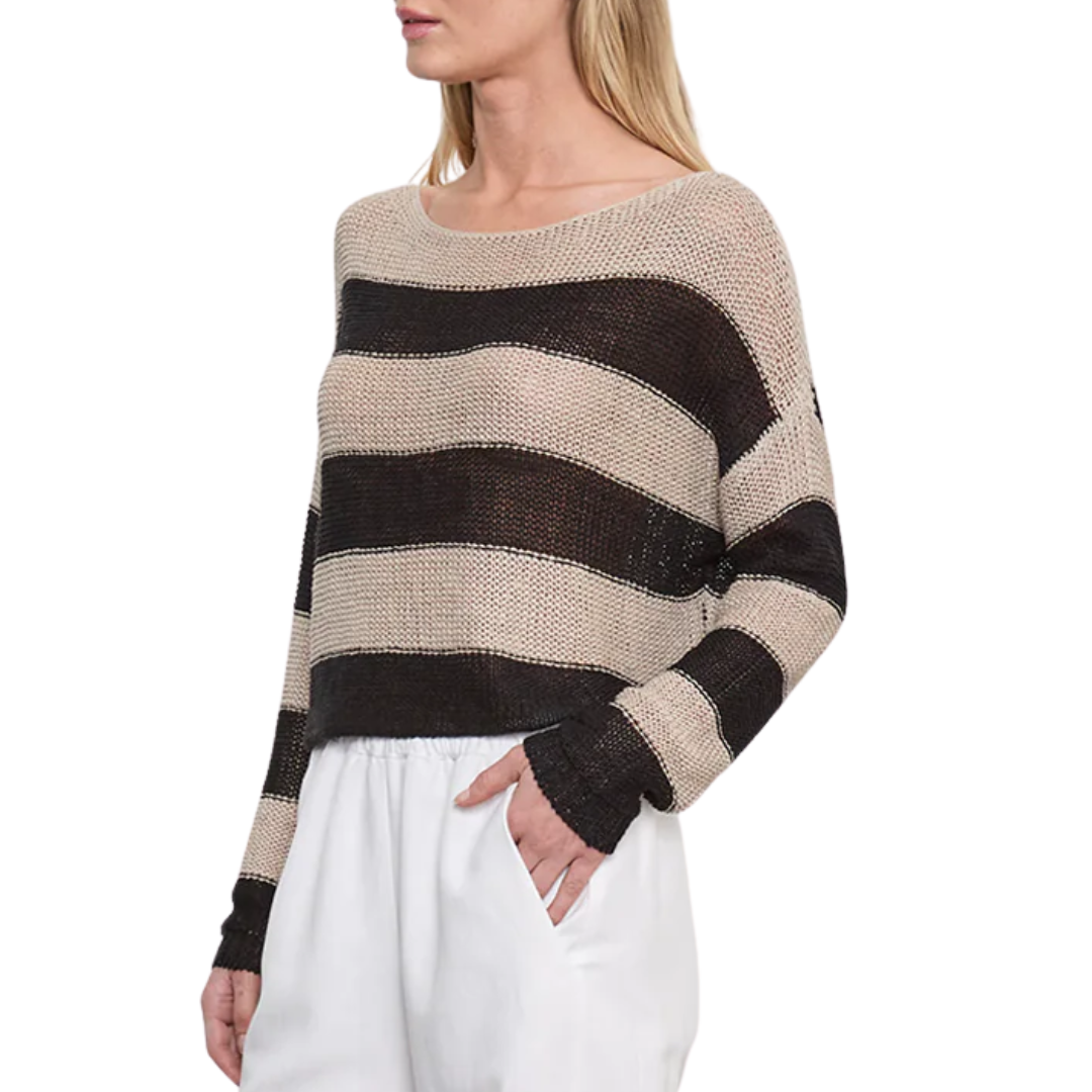 Stripe Linen Open Knit Bateau Sweater in Oatmeal/Black