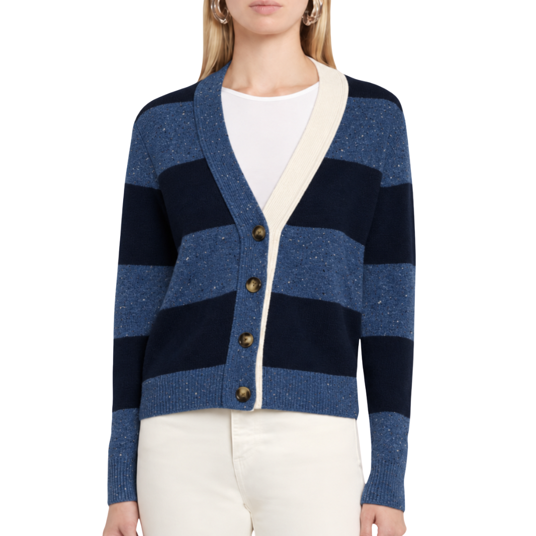 4-Ply Rugby Cardigan in Twilight Blue/Navy/Chalk Combo