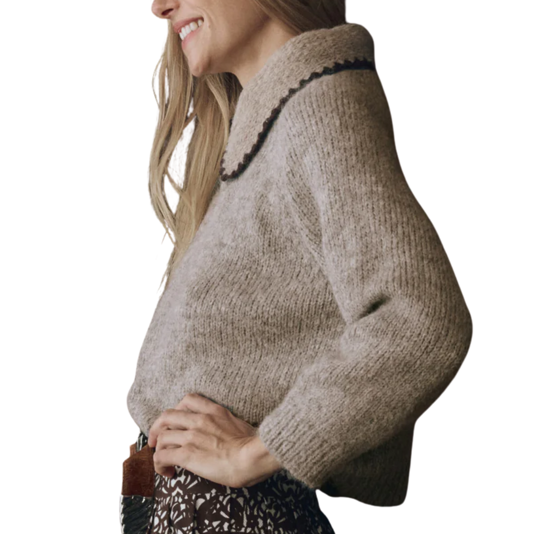 Crocket Collar Pullover in Oat with Brown