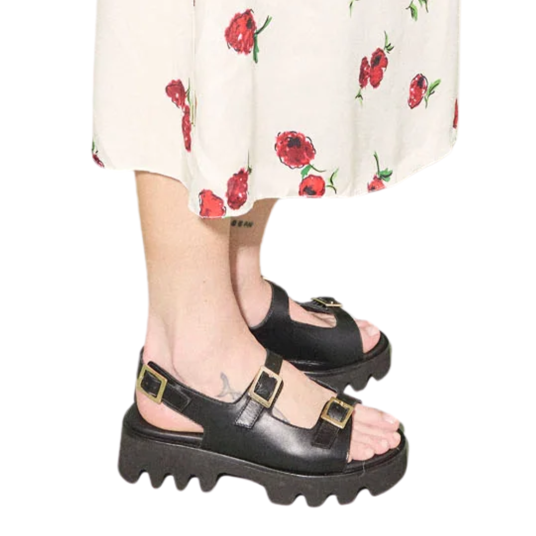 Mindy Lug Sole Sandal in Black Calf