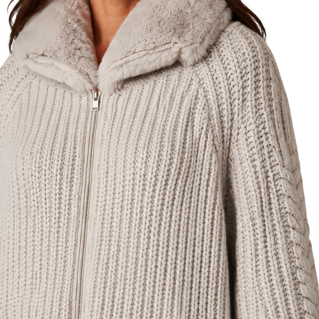 Wool Jacket with Raised Texture and Beaver-Effect Fur Feel in Beige