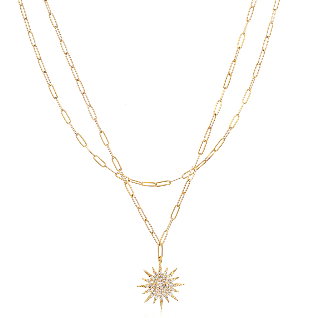 Sunburst Charm Layered Necklace in Gold