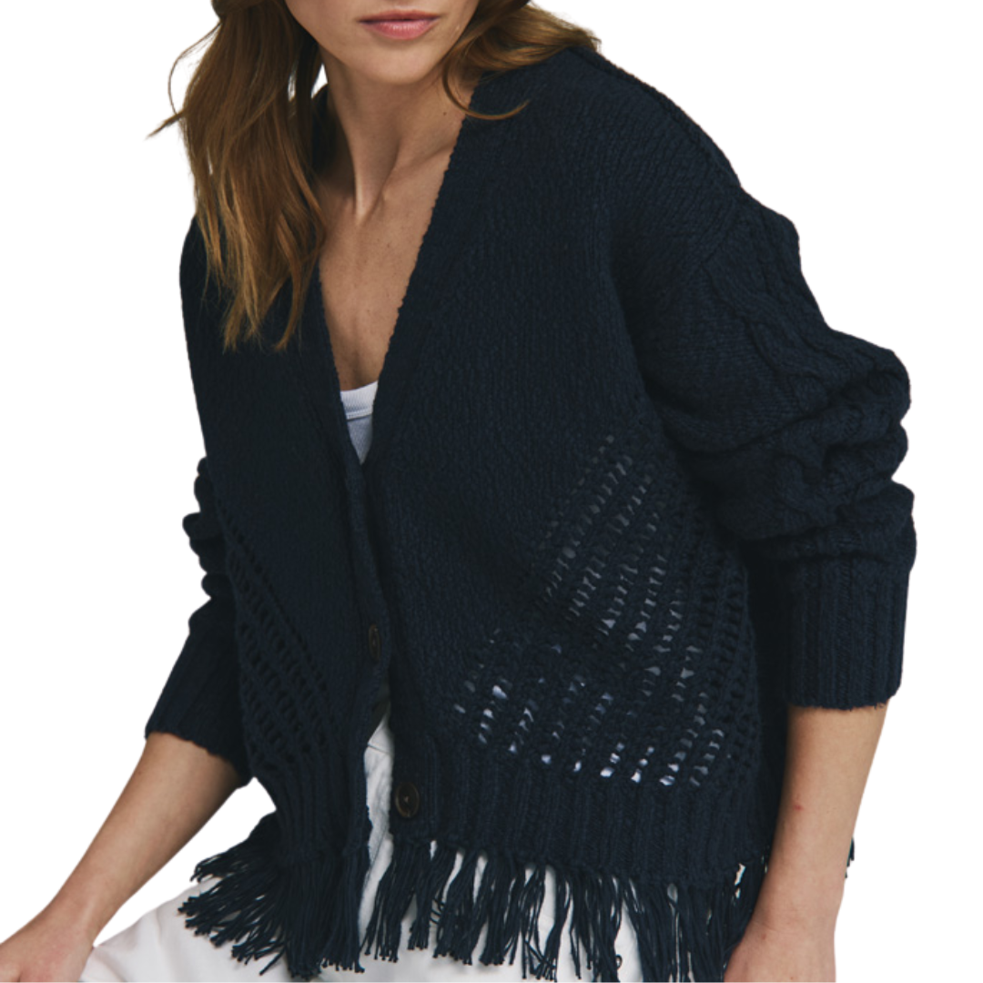 Fringe Mixed Stitch Cardigan in Navy
