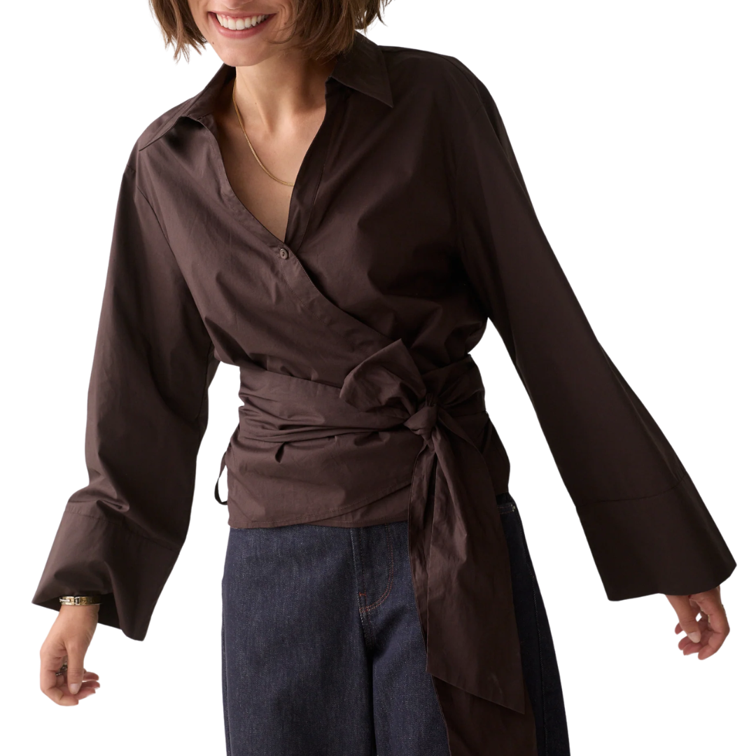 Wrap Blouse Crispy Poplin in Dark Chocolate