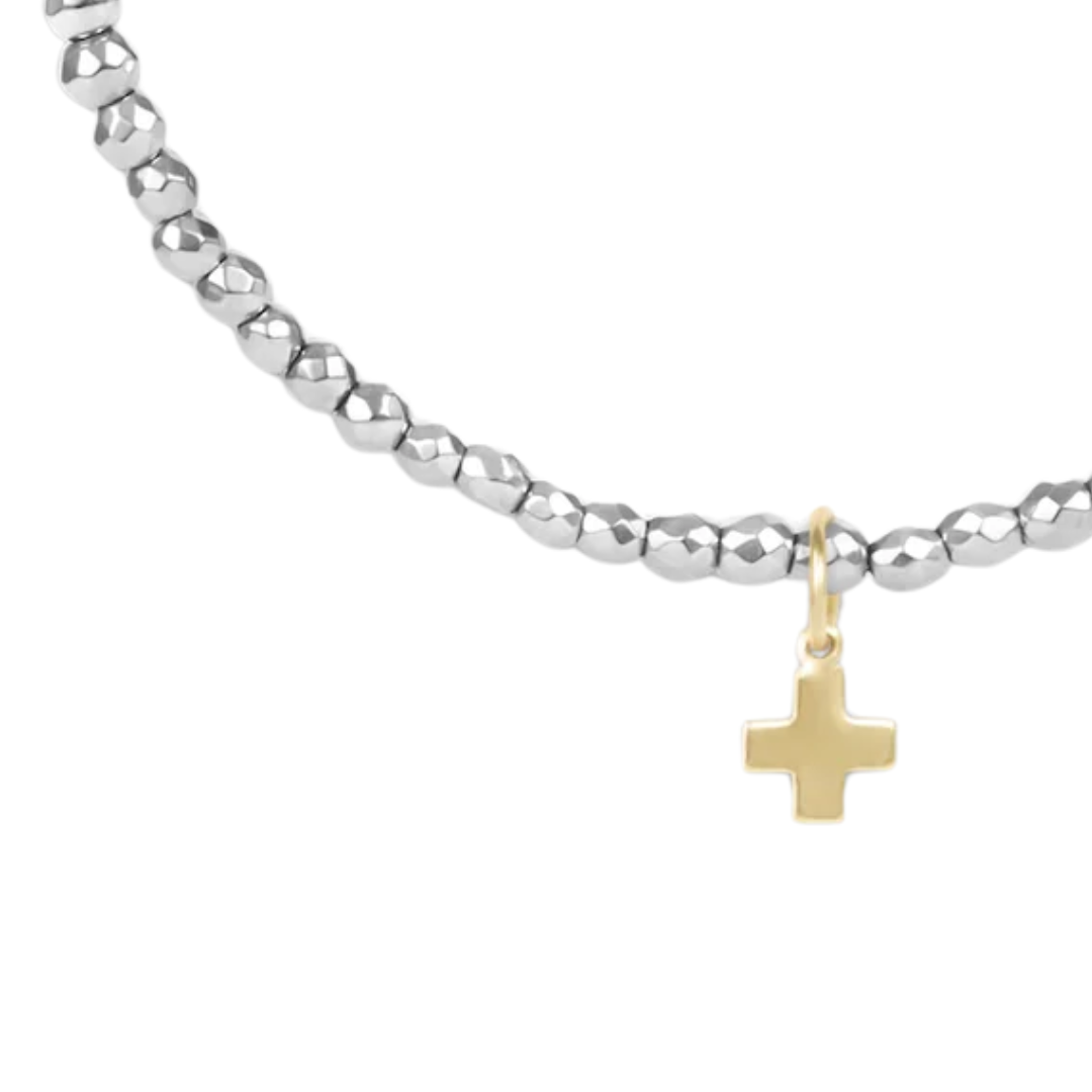 Silver Faceted Hematite 2MM Bracelet- Signature Cross Charm