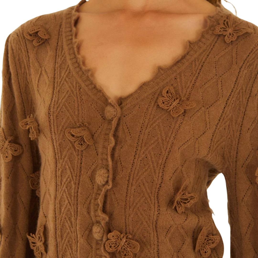 Richelieu 3D Butterflies Knit Cardigan in Sand