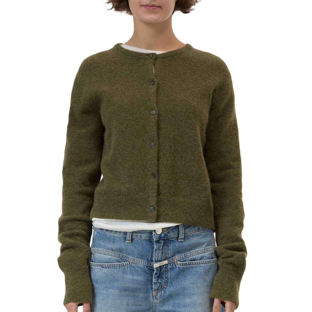 Crew Neck Cardigan in Deep Olive