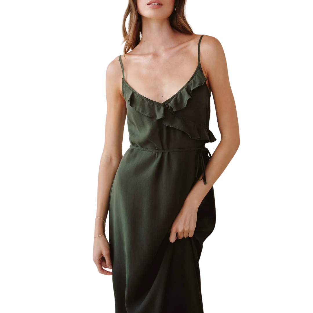 Ruffle Cami Midi Dress in Forest Army