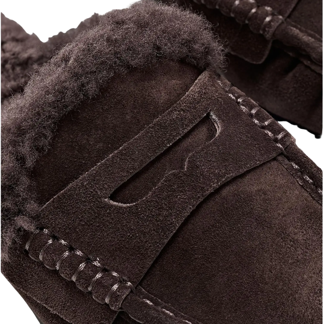 Carter Shearling Mules in Dark Chocolate Suede