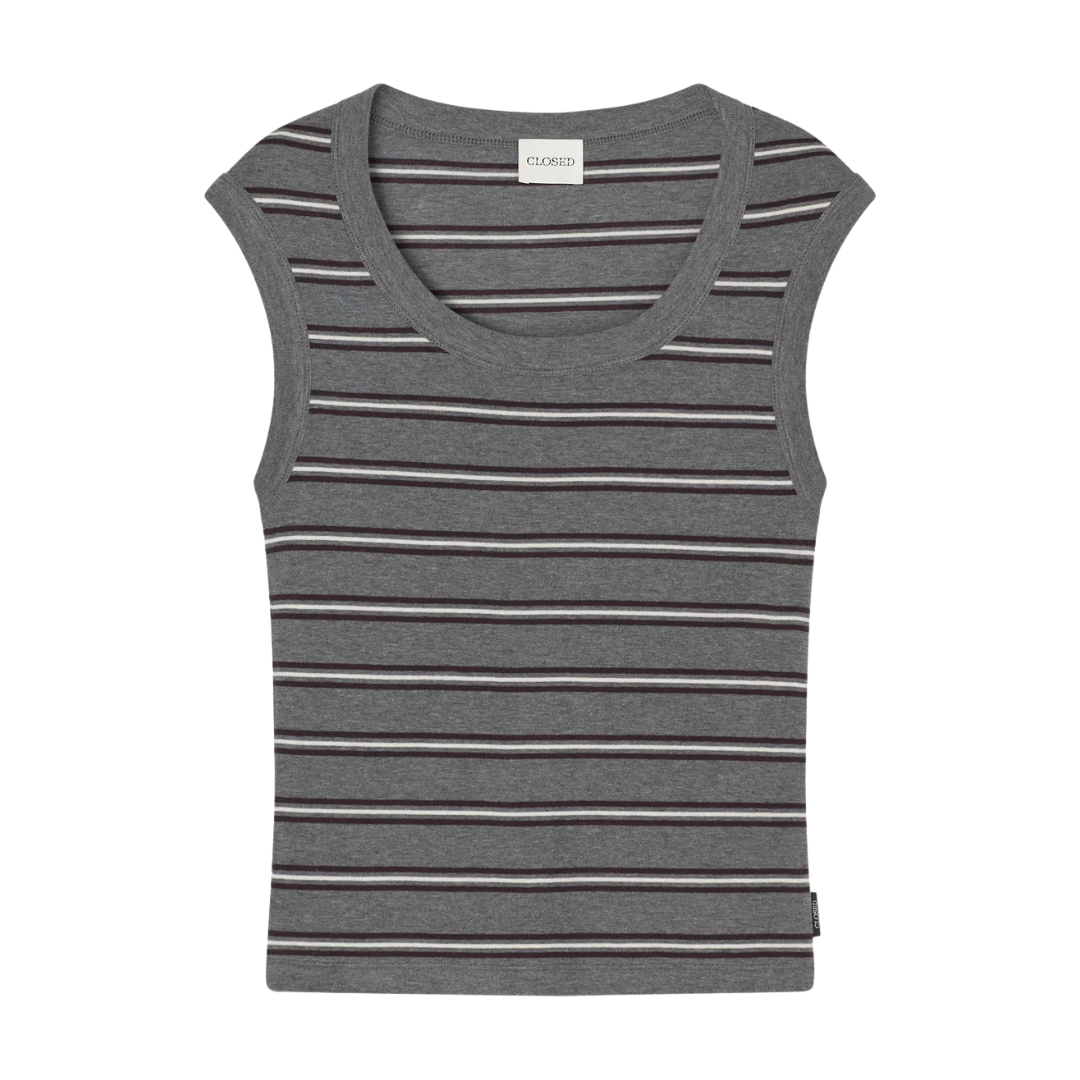 Striped Cap-Sleeve Top in Dark Grey Melange