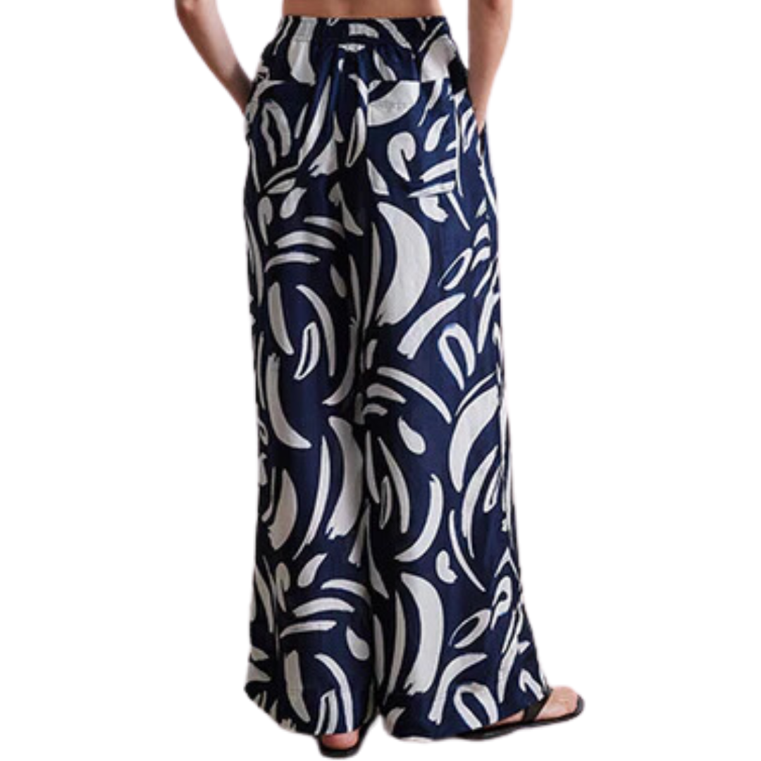 Suerte Wide Leg Pants in Navy Abstract Brushes 
