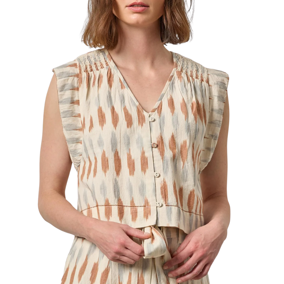 Ikat Shirred Shoulder Top in Carob Ikat