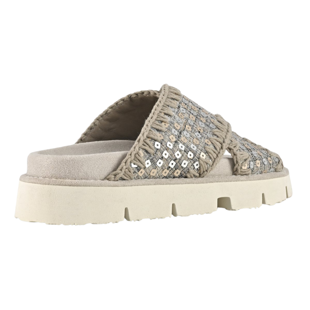 Criss-Cross Bio Sandal Denim and Sequins in Gold