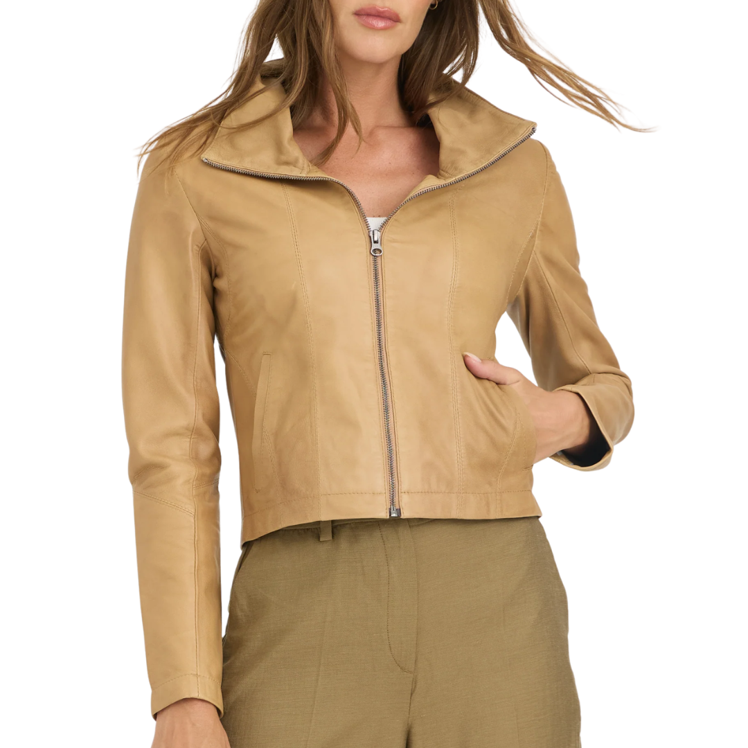 Katrina Patina Leather Bomber in Fawn