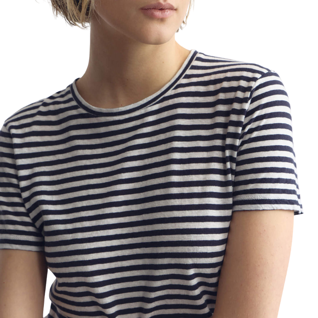Lana Crewneck Tee in White/Dark Navy Stripe
