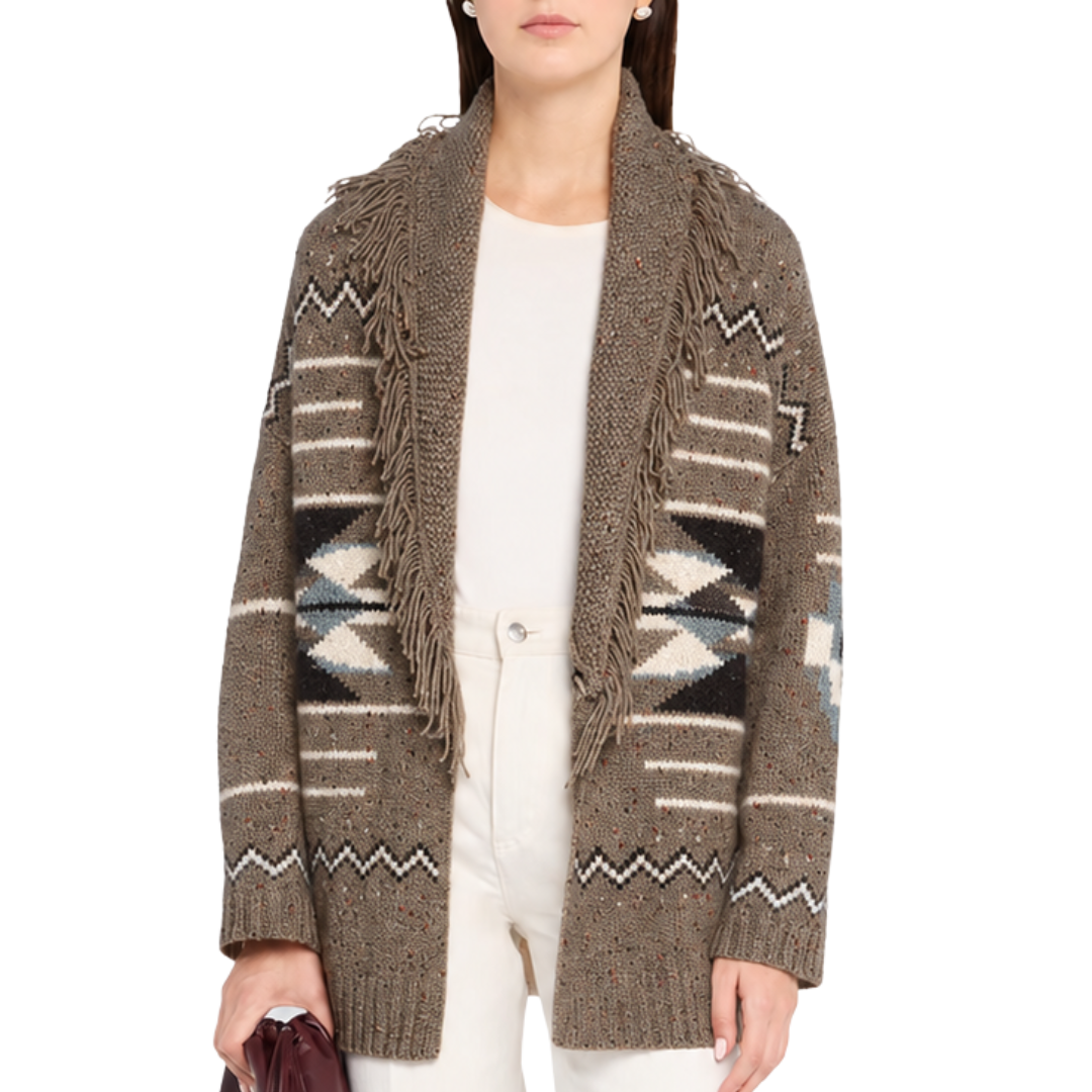 Southwest Fringed Shawl Collar Throw in Brownie Combo